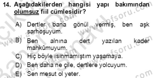 Türkçe Cümle Bilgisi 2 Dersi 2016 - 2017 Yılı (Final) Dönem Sonu Sınav Soruları 14. Soru