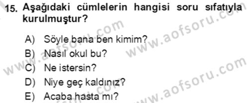 Türkçe Cümle Bilgisi 2 Dersi 2016 - 2017 Yılı (Final) Dönem Sonu Sınav Soruları 15. Soru