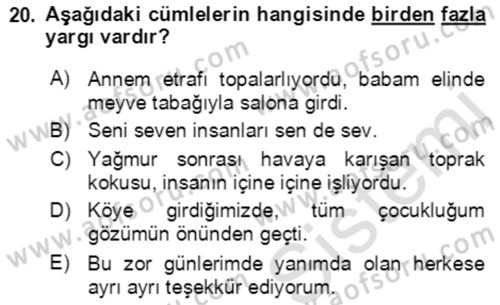 Türkçe Cümle Bilgisi 2 Dersi 2016 - 2017 Yılı (Final) Dönem Sonu Sınav Soruları 20. Soru