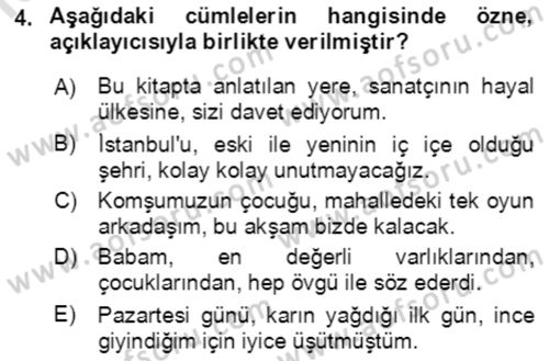 Türkçe Cümle Bilgisi 2 Dersi 2016 - 2017 Yılı (Final) Dönem Sonu Sınav Soruları 4. Soru