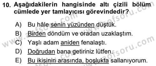 Türkçe Cümle Bilgisi 2 Dersi 2017 - 2018 Yılı (Vize) Ara Sınav Soruları 10. Soru