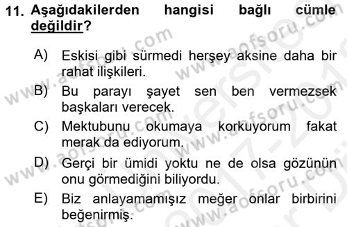 Türkçe Cümle Bilgisi 2 Dersi 2017 - 2018 Yılı (Vize) Ara Sınav Soruları 11. Soru