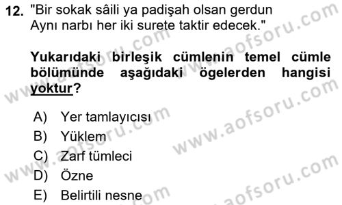 Türkçe Cümle Bilgisi 2 Dersi 2017 - 2018 Yılı (Vize) Ara Sınav Soruları 12. Soru