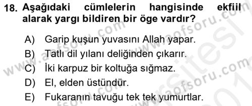Türkçe Cümle Bilgisi 2 Dersi 2017 - 2018 Yılı (Vize) Ara Sınav Soruları 18. Soru