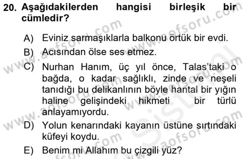 Türkçe Cümle Bilgisi 2 Dersi 2017 - 2018 Yılı (Vize) Ara Sınav Soruları 20. Soru