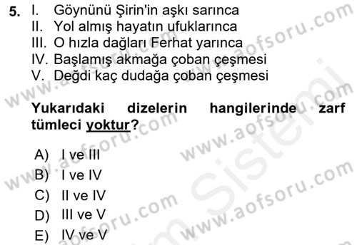 Türkçe Cümle Bilgisi 2 Dersi 2017 - 2018 Yılı (Vize) Ara Sınav Soruları 5. Soru