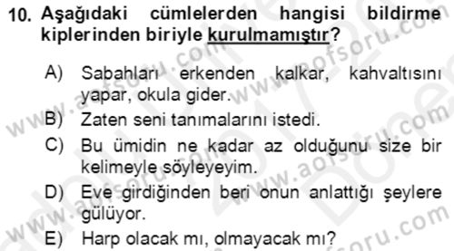 Türkçe Cümle Bilgisi 2 Dersi 2017 - 2018 Yılı (Final) Dönem Sonu Sınav Soruları 10. Soru