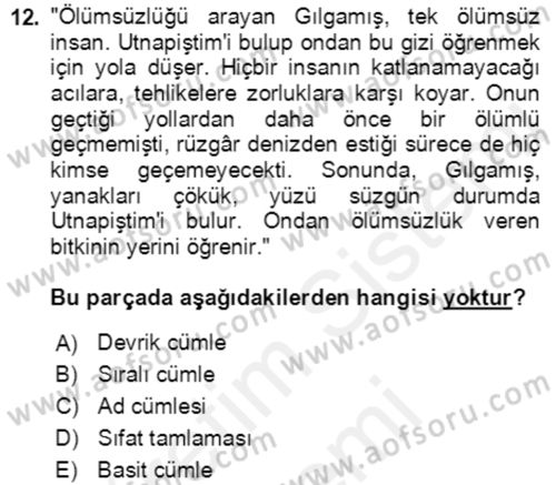 Türkçe Cümle Bilgisi 2 Dersi 2017 - 2018 Yılı (Final) Dönem Sonu Sınav Soruları 12. Soru