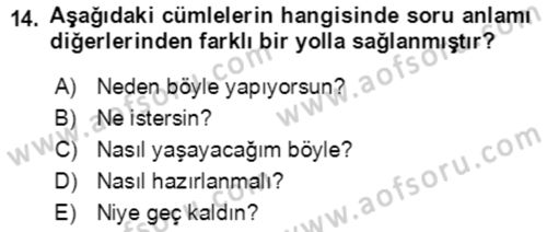 Türkçe Cümle Bilgisi 2 Dersi 2017 - 2018 Yılı (Final) Dönem Sonu Sınav Soruları 14. Soru