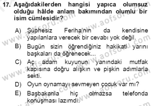Türkçe Cümle Bilgisi 2 Dersi 2017 - 2018 Yılı (Final) Dönem Sonu Sınav Soruları 17. Soru