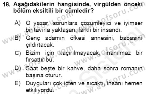 Türkçe Cümle Bilgisi 2 Dersi 2017 - 2018 Yılı (Final) Dönem Sonu Sınav Soruları 18. Soru