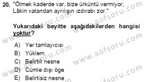 Türkçe Cümle Bilgisi 2 Dersi 2017 - 2018 Yılı (Final) Dönem Sonu Sınav Soruları 20. Soru