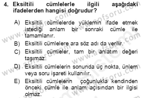 Türkçe Cümle Bilgisi 2 Dersi 2017 - 2018 Yılı (Final) Dönem Sonu Sınav Soruları 4. Soru