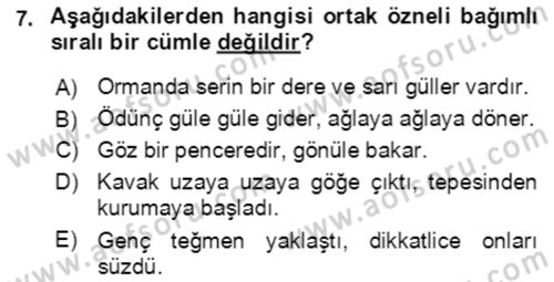 Türkçe Cümle Bilgisi 2 Dersi 2017 - 2018 Yılı (Final) Dönem Sonu Sınav Soruları 7. Soru