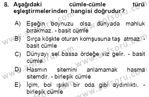 Türkçe Cümle Bilgisi 2 Dersi 2017 - 2018 Yılı (Final) Dönem Sonu Sınav Soruları 8. Soru