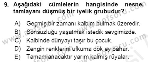 Türkçe Cümle Bilgisi 2 Dersi 2017 - 2018 Yılı (Final) Dönem Sonu Sınav Soruları 9. Soru