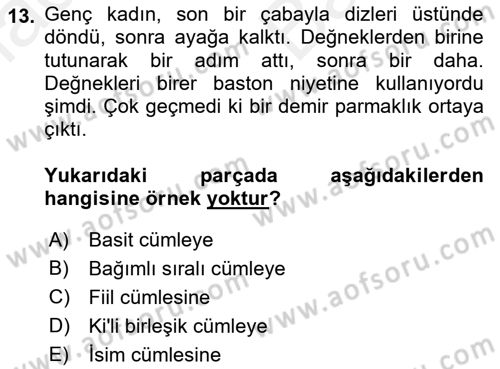 Türkçe Cümle Bilgisi 2 Dersi 2018 - 2019 Yılı (Vize) Ara Sınav Soruları 13. Soru