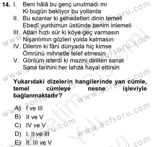 Türkçe Cümle Bilgisi 2 Dersi 2018 - 2019 Yılı (Vize) Ara Sınav Soruları 14. Soru