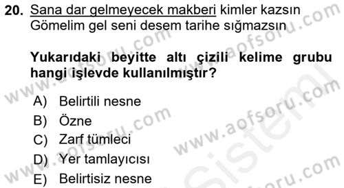 Türkçe Cümle Bilgisi 2 Dersi 2018 - 2019 Yılı (Vize) Ara Sınav Soruları 20. Soru