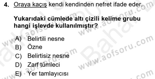 Türkçe Cümle Bilgisi 2 Dersi 2018 - 2019 Yılı (Vize) Ara Sınav Soruları 4. Soru