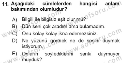 Türkçe Cümle Bilgisi 2 Dersi 2018 - 2019 Yılı (Final) Dönem Sonu Sınav Soruları 11. Soru