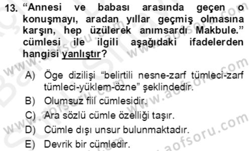 Türkçe Cümle Bilgisi 2 Dersi 2018 - 2019 Yılı (Final) Dönem Sonu Sınav Soruları 13. Soru
