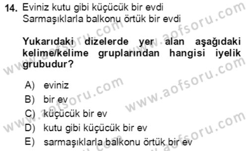 Türkçe Cümle Bilgisi 2 Dersi 2018 - 2019 Yılı (Final) Dönem Sonu Sınav Soruları 14. Soru