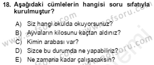 Türkçe Cümle Bilgisi 2 Dersi 2018 - 2019 Yılı (Final) Dönem Sonu Sınav Soruları 18. Soru
