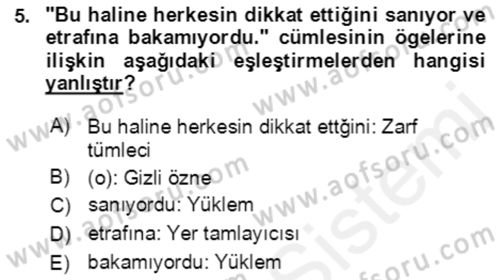 Türkçe Cümle Bilgisi 2 Dersi 2018 - 2019 Yılı (Final) Dönem Sonu Sınav Soruları 5. Soru