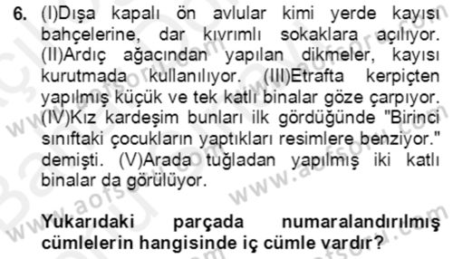 Türkçe Cümle Bilgisi 2 Dersi 2018 - 2019 Yılı (Final) Dönem Sonu Sınav Soruları 6. Soru