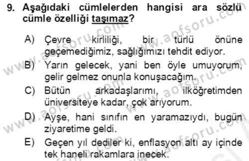 Türkçe Cümle Bilgisi 2 Dersi 2018 - 2019 Yılı (Final) Dönem Sonu Sınav Soruları 9. Soru