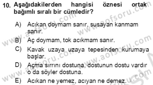 Türkçe Cümle Bilgisi 2 Dersi 2020 - 2021 Yılı Yaz Okulu Sınav Soruları 10. Soru