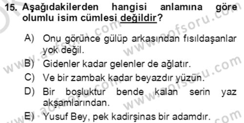 Türkçe Cümle Bilgisi 2 Dersi 2020 - 2021 Yılı Yaz Okulu Sınav Soruları 15. Soru