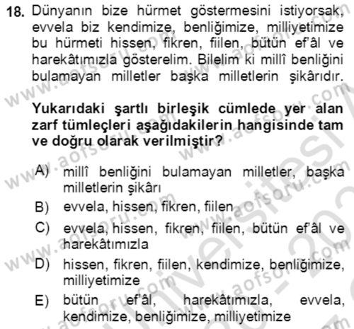 Türkçe Cümle Bilgisi 2 Dersi 2020 - 2021 Yılı Yaz Okulu Sınav Soruları 18. Soru