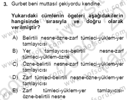 Türkçe Cümle Bilgisi 2 Dersi 2020 - 2021 Yılı Yaz Okulu Sınav Soruları 3. Soru