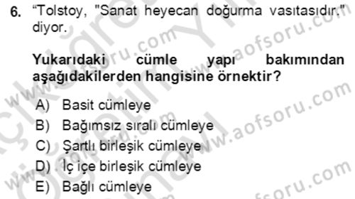 Türkçe Cümle Bilgisi 2 Dersi 2020 - 2021 Yılı Yaz Okulu Sınav Soruları 6. Soru