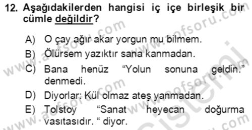 Türkçe Cümle Bilgisi 2 Dersi 2021 - 2022 Yılı (Vize) Ara Sınav Soruları 12. Soru
