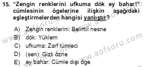 Türkçe Cümle Bilgisi 2 Dersi 2021 - 2022 Yılı (Vize) Ara Sınav Soruları 15. Soru
