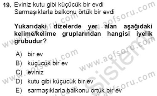 Türkçe Cümle Bilgisi 2 Dersi 2021 - 2022 Yılı (Vize) Ara Sınav Soruları 19. Soru