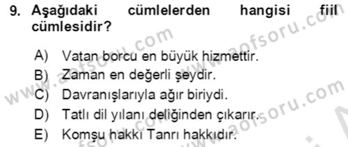 Türkçe Cümle Bilgisi 2 Dersi 2021 - 2022 Yılı (Vize) Ara Sınav Soruları 9. Soru