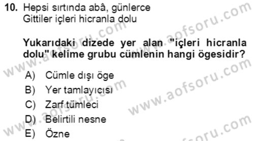 Türkçe Cümle Bilgisi 2 Dersi 2021 - 2022 Yılı Yaz Okulu Sınav Soruları 10. Soru