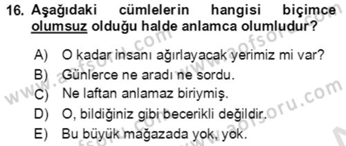Türkçe Cümle Bilgisi 2 Dersi 2021 - 2022 Yılı Yaz Okulu Sınav Soruları 16. Soru