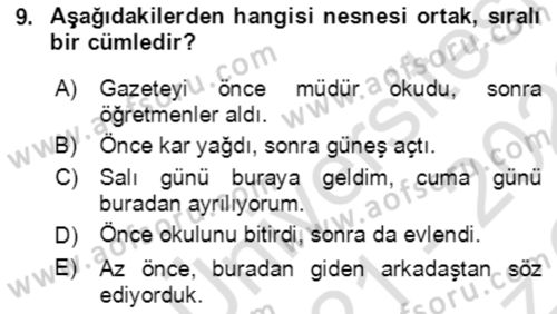 Türkçe Cümle Bilgisi 2 Dersi 2021 - 2022 Yılı Yaz Okulu Sınav Soruları 9. Soru