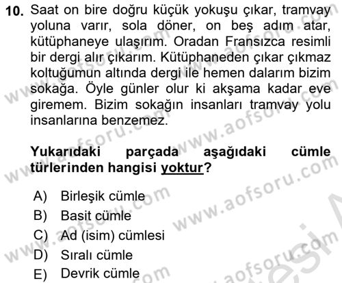 Türkçe Cümle Bilgisi 2 Dersi 2022 - 2023 Yılı Yaz Okulu Sınav Soruları 10. Soru
