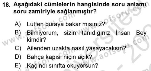 Türkçe Cümle Bilgisi 2 Dersi 2022 - 2023 Yılı Yaz Okulu Sınav Soruları 18. Soru