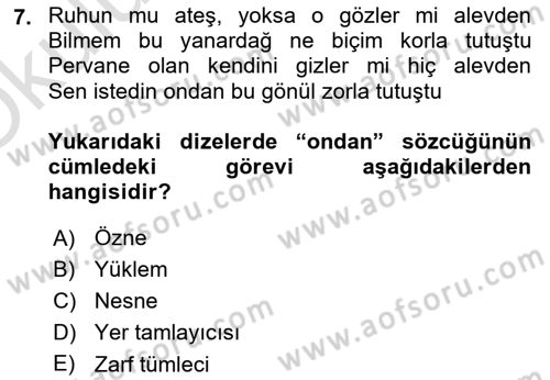 Türkçe Cümle Bilgisi 2 Dersi 2022 - 2023 Yılı Yaz Okulu Sınav Soruları 7. Soru