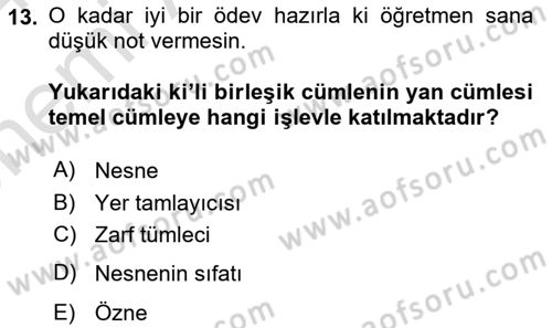 Türkçe Cümle Bilgisi 2 Dersi 2023 - 2024 Yılı (Vize) Ara Sınav Soruları 13. Soru