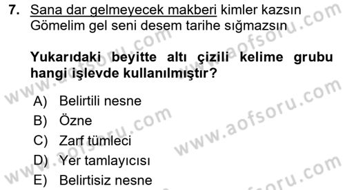 Türkçe Cümle Bilgisi 2 Dersi 2023 - 2024 Yılı (Vize) Ara Sınav Soruları 7. Soru