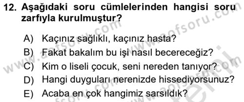 Türkçe Cümle Bilgisi 2 Dersi 2023 - 2024 Yılı (Final) Dönem Sonu Sınav Soruları 12. Soru