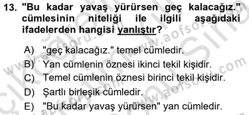 Türkçe Cümle Bilgisi 2 Dersi 2023 - 2024 Yılı (Final) Dönem Sonu Sınav Soruları 13. Soru